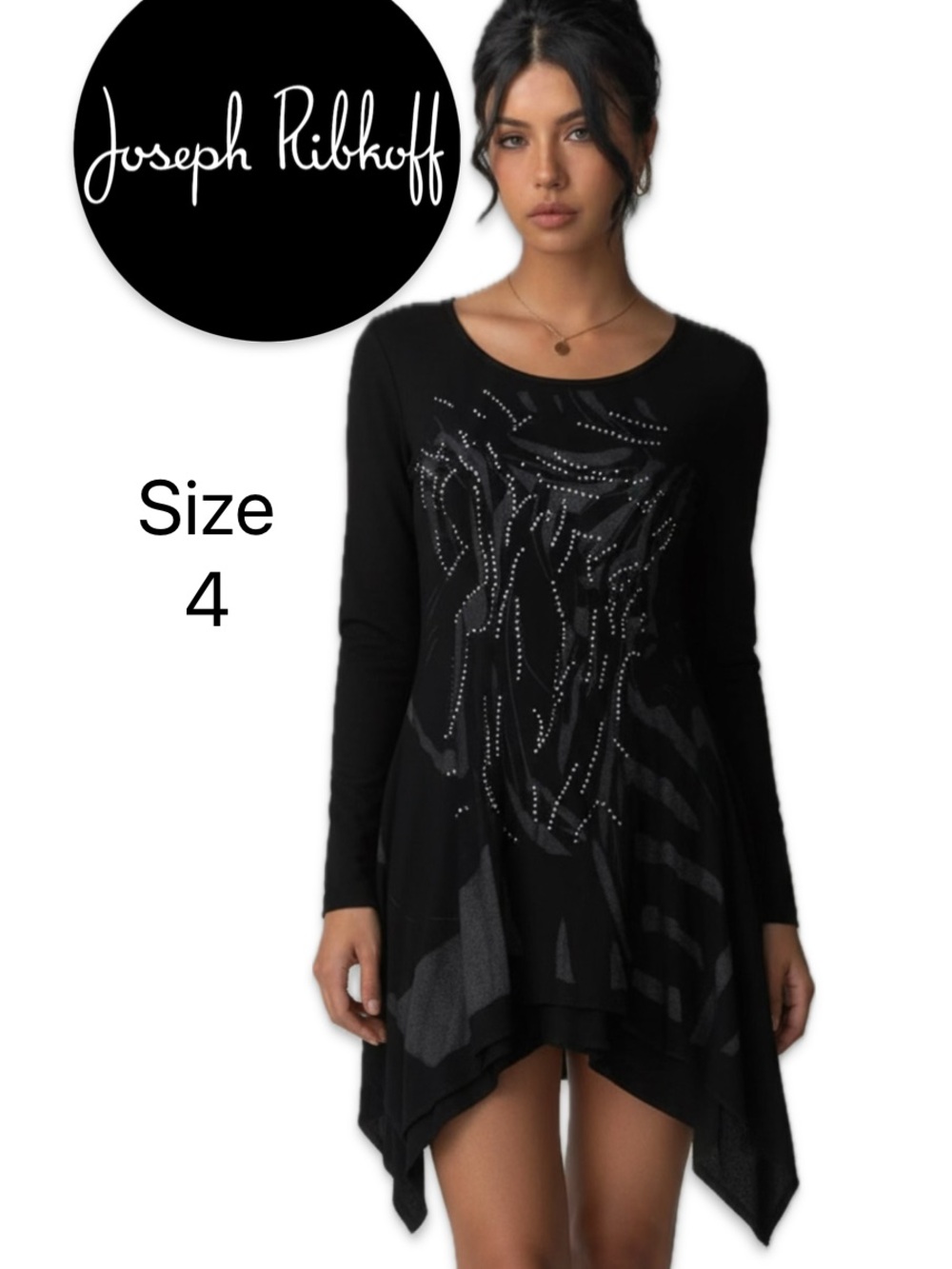 Joseph Ribkoff Black Silver Abstract Knit Long Sleeve Asymmetric Hem Dress 4